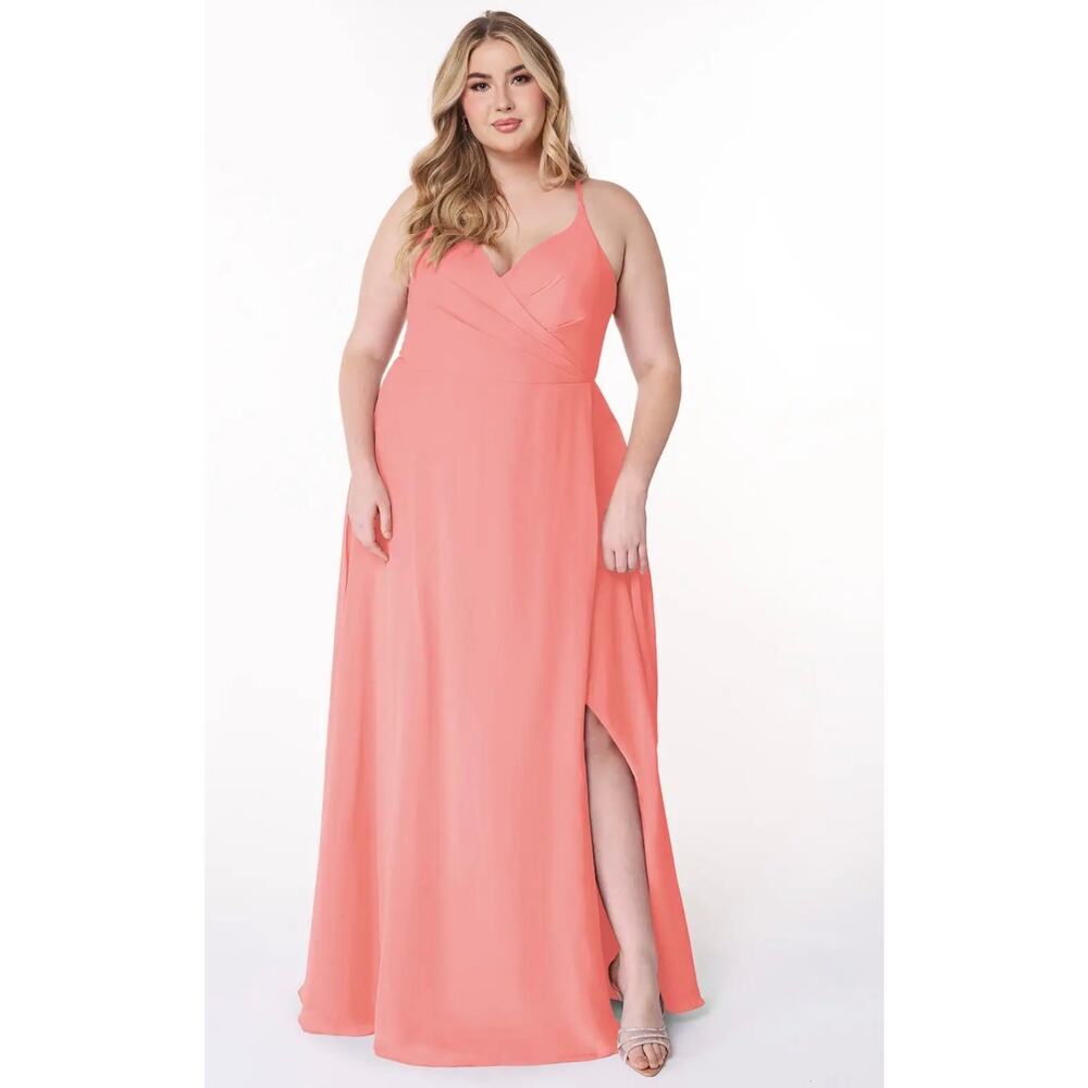Azazie Avelina Sunset Chiffon Maxi Dress in Coral. Women's Plus Size 18 NWOT